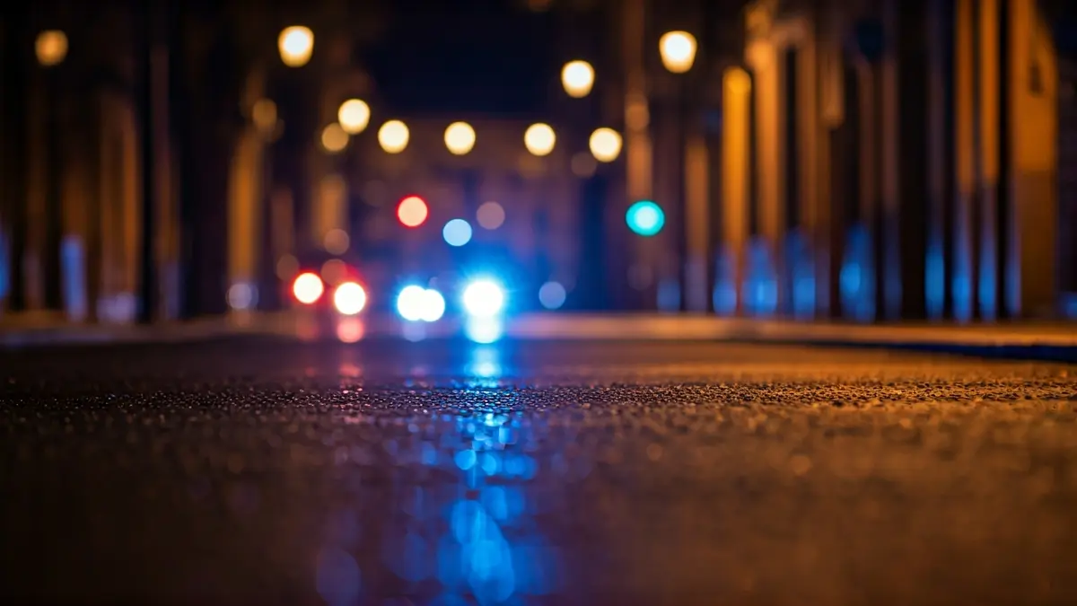 Generic image of police emergency lights reflecting on wet asphalt.