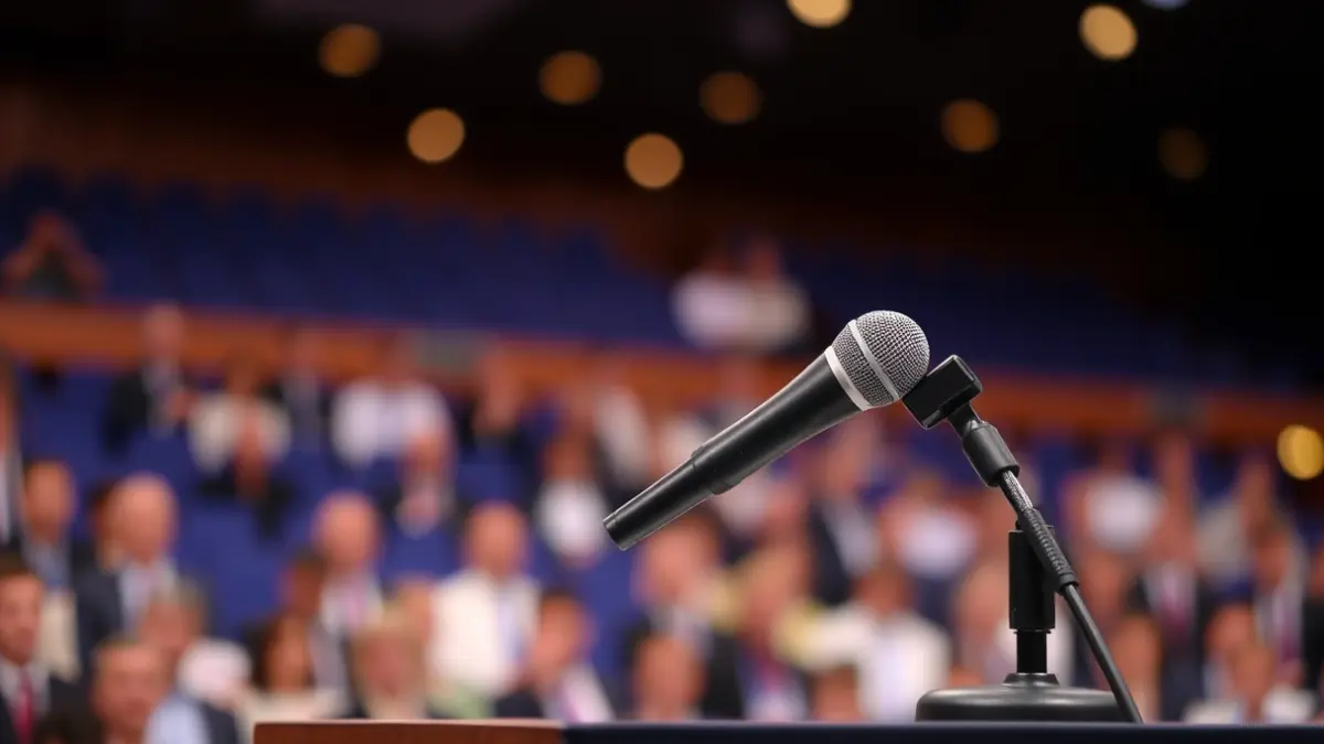 Generic image of a microphone on a podium, symbolizing a political announcement.