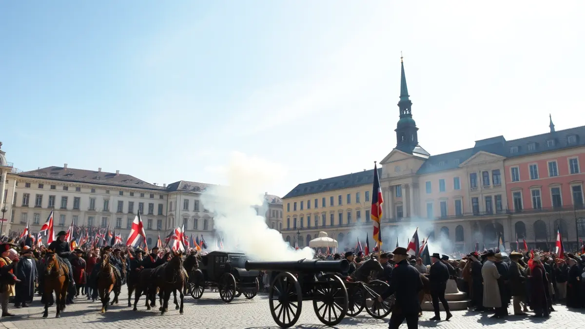 Imagen de una recreación histórica en la Puerta del Sol de Madrid, con participantes vestidos de época, carruajes y un cañón.