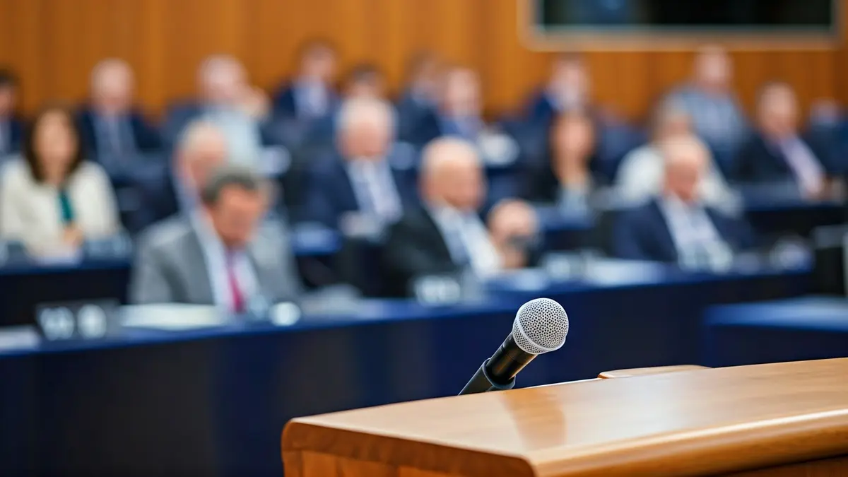 Generic image of a microphone on a podium during a political debate in a legislative assembly.