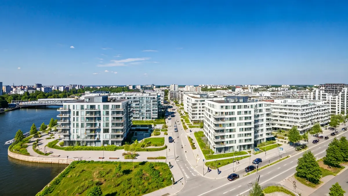 Aerial view of a new residential neighborhood with green areas next to a river in Madrid.