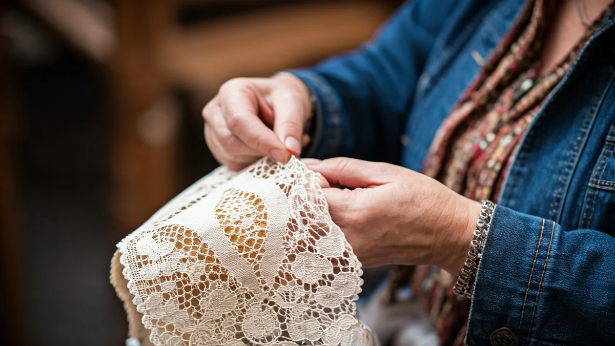 Imagen genérica de manos trabajando en una roseta canaria, destacando la artesanía textil.