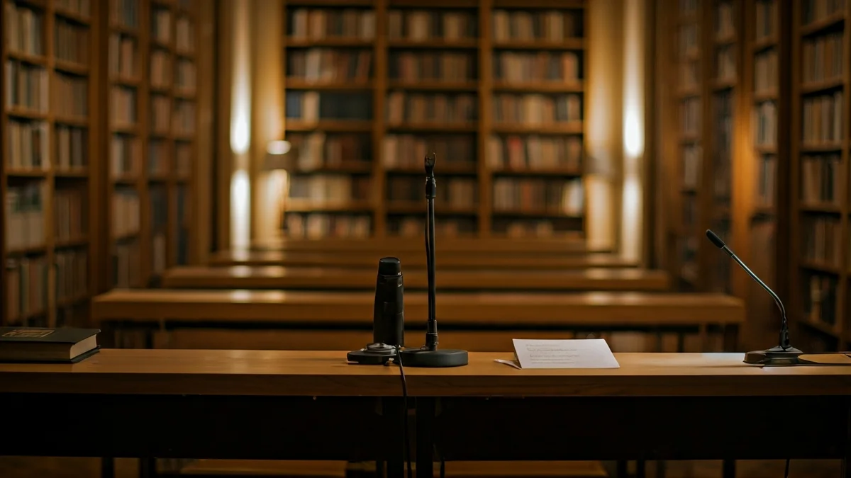 Imagen genérica de una sala de presentación o biblioteca, con un micrófono en un podio y sillas vacías.