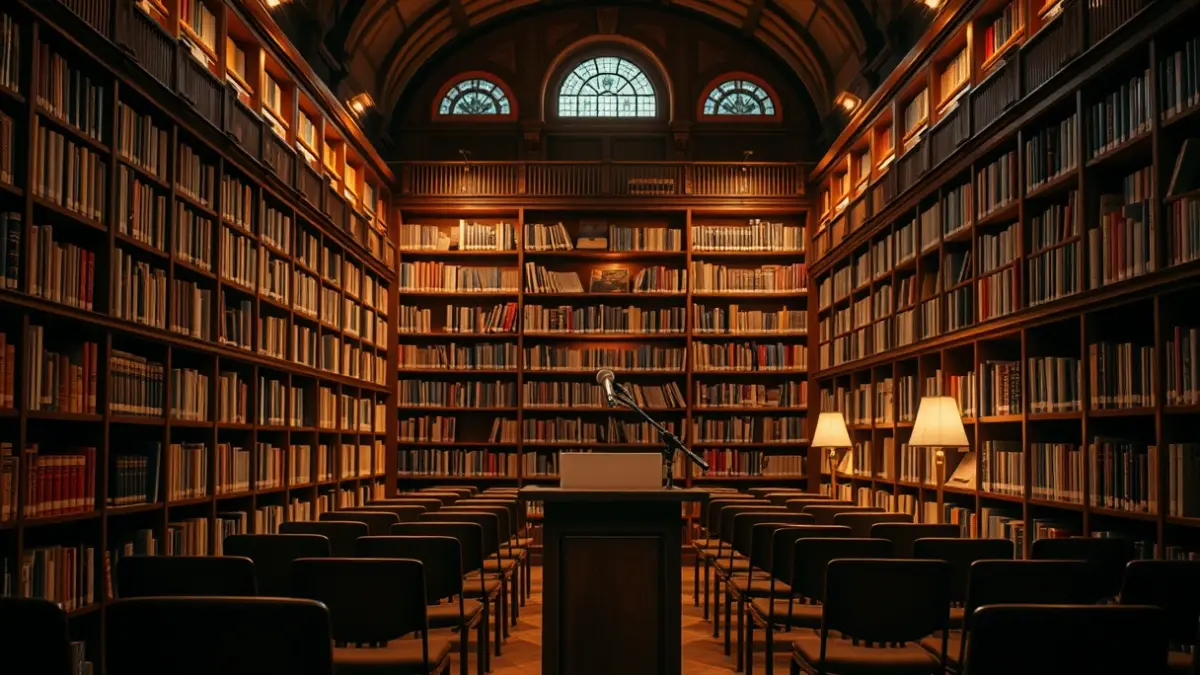 Imagen genérica de un auditorio o sala de lectura con un micrófono y sillas vacías.