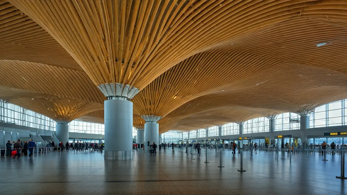 Imagen de la arquitectura interior de la Terminal 4 del Aeropuerto Adolfo Suárez Madrid-Barajas, destacando su techo ondulante y la luz natural.