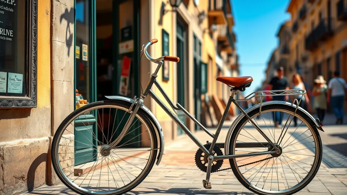 Image of a classic bicycle parked in front of a traditional shop.