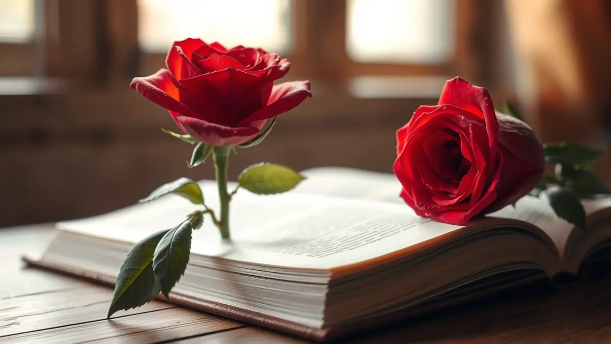 Generic image of a red rose and an open book, symbols of the Book and Rose Day tradition.