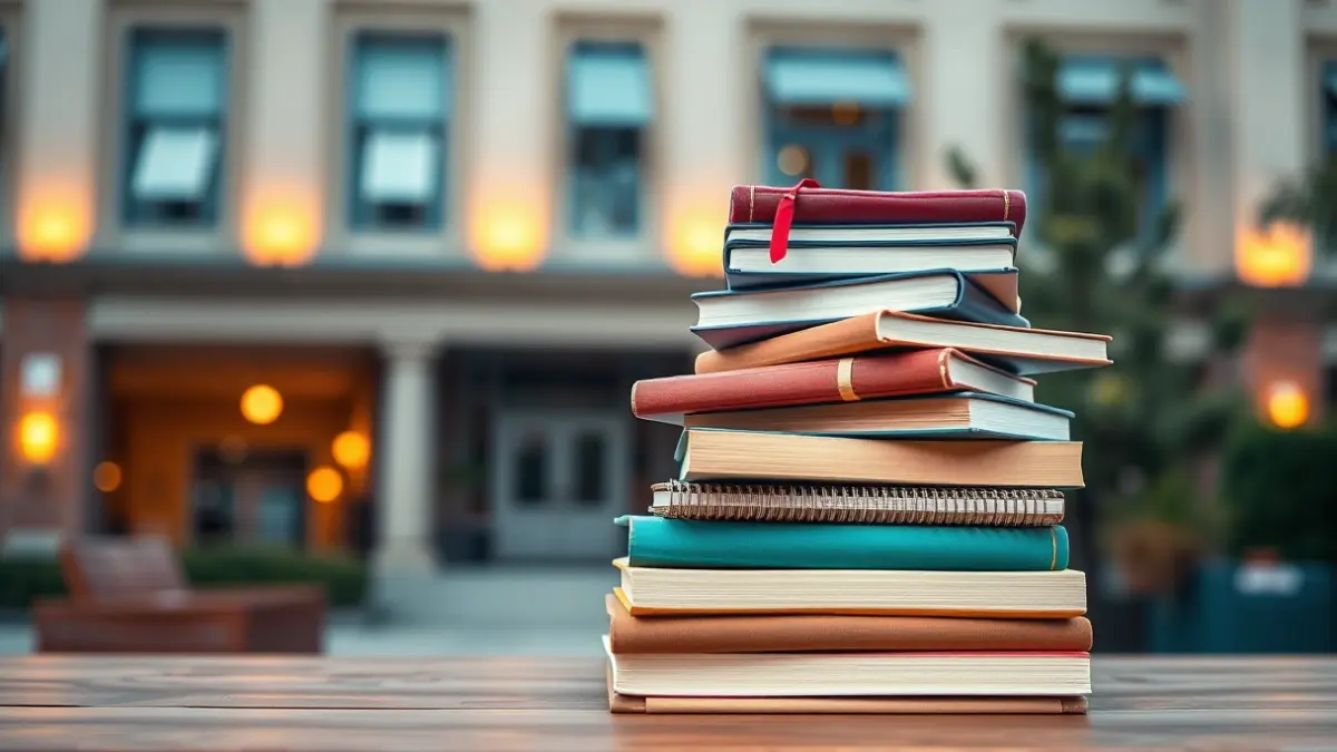 Generic image of books and study materials with a university building in the background.