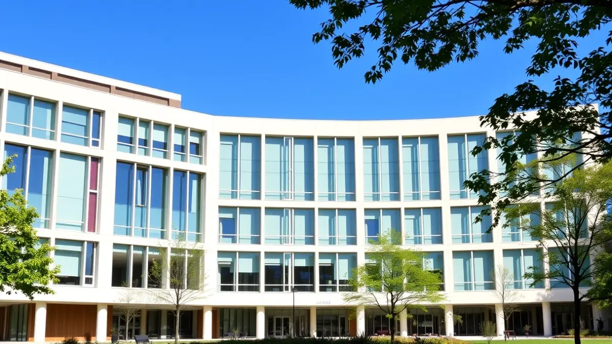 Facade of a modern university building with green areas.