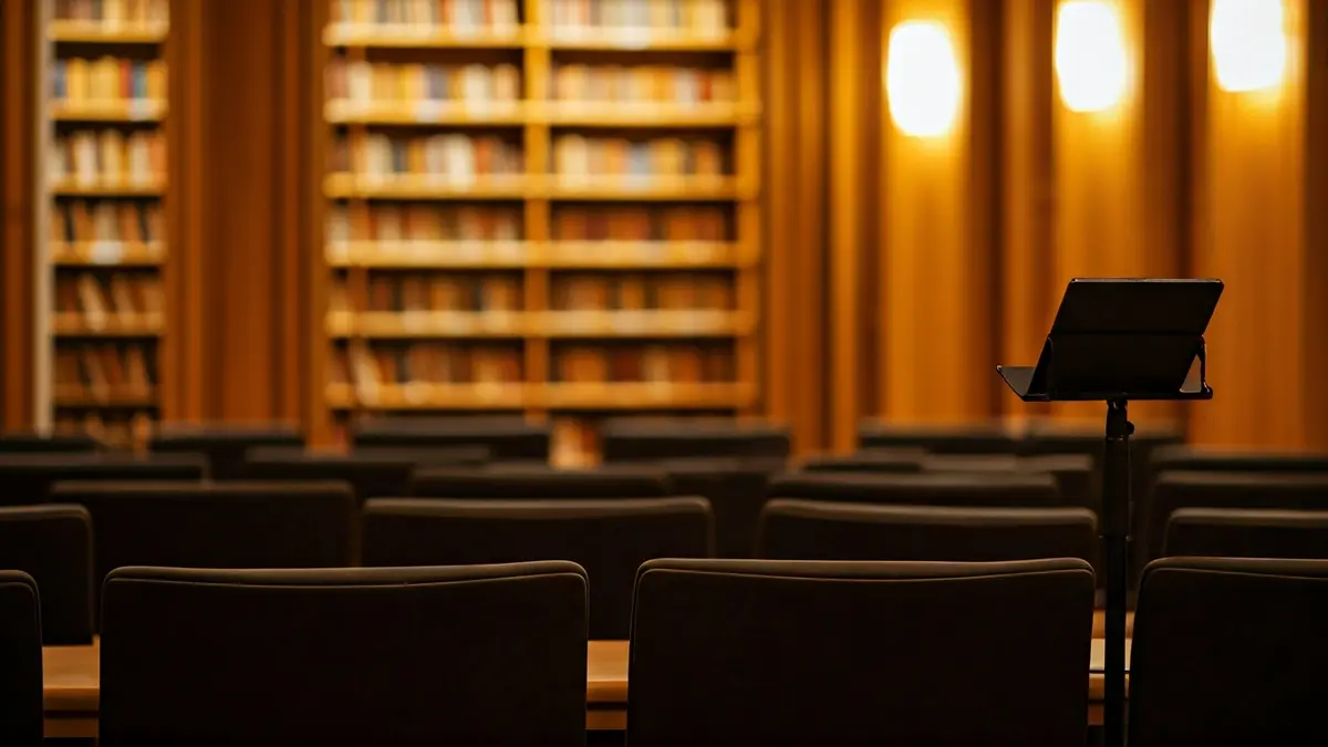 Generic image of an auditorium or conference hall with a microphone on a podium.