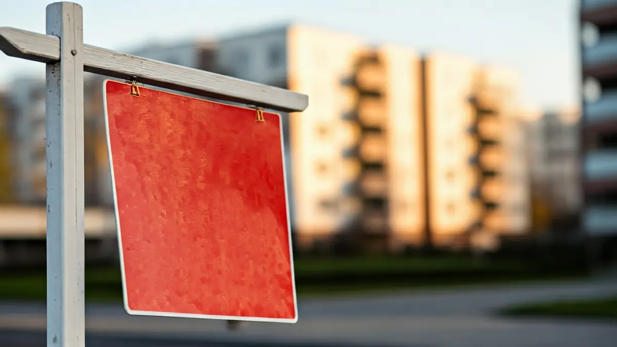 Imagen genérica de un cartel de 'se vende' frente a edificios residenciales.