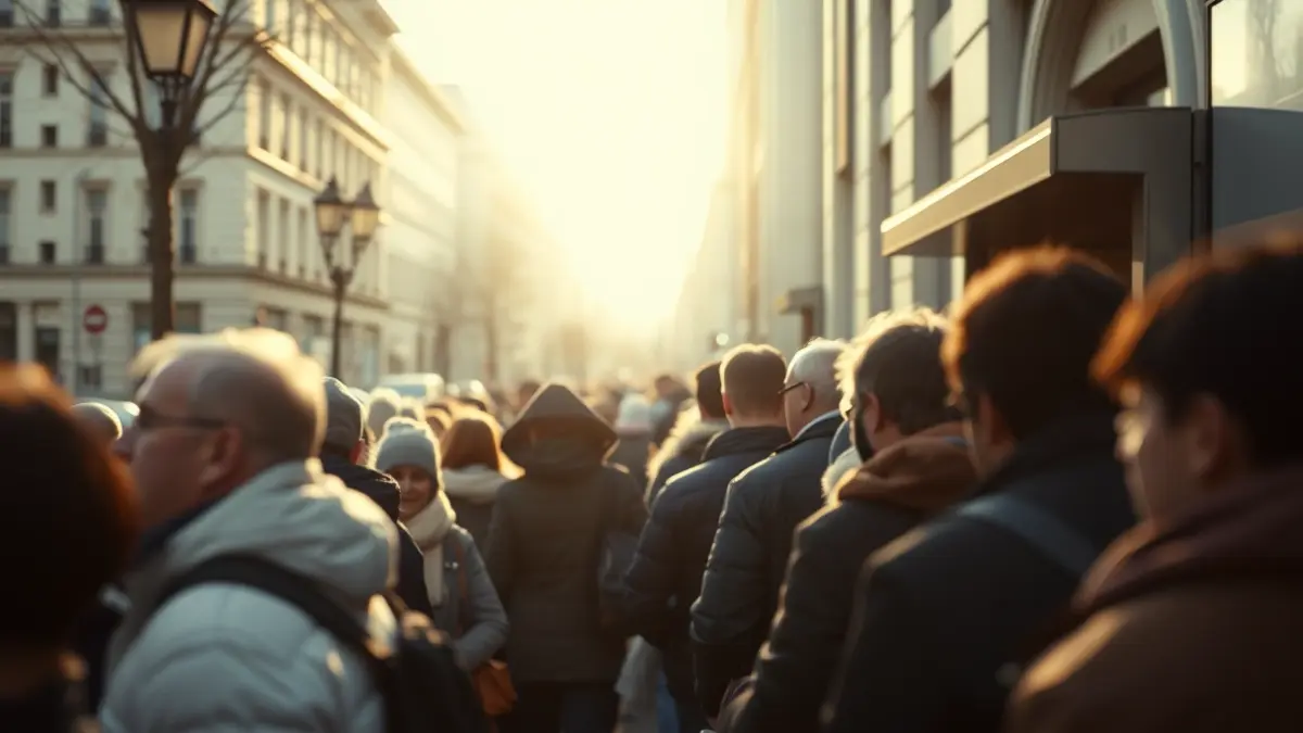 Imagen de una larga cola de personas esperando frente a un edificio en Madrid.