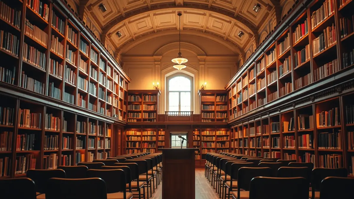 Imagen genérica de una biblioteca con estanterías de madera y un ambiente acogedor.
