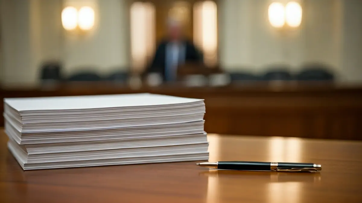 Generic image of legal documents and a pen on a desk, symbolizing judicial procedures.