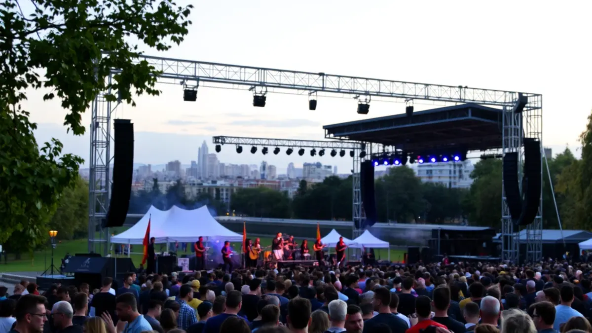 Image of an outdoor stage with an audience in an urban park in Madrid.