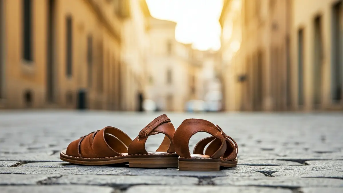 Generic image of leather sandals on a cobblestone street in Madrid.
