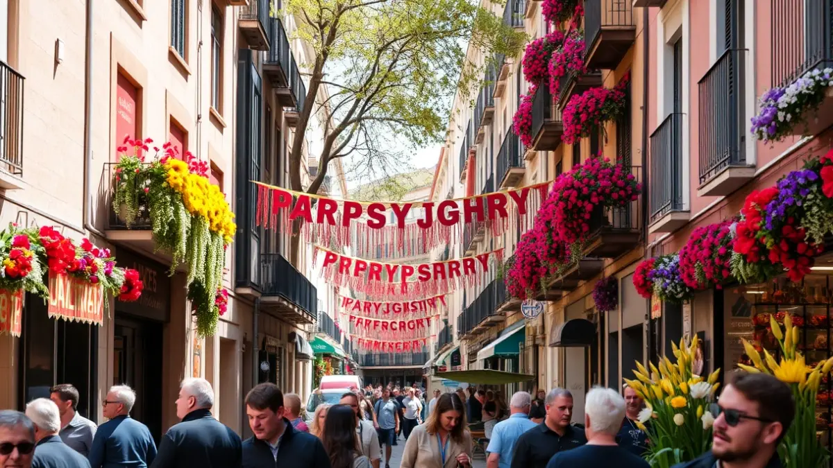 Image of the Mayos Festival in Lavapiés, Madrid, with floral altars and a festive atmosphere.