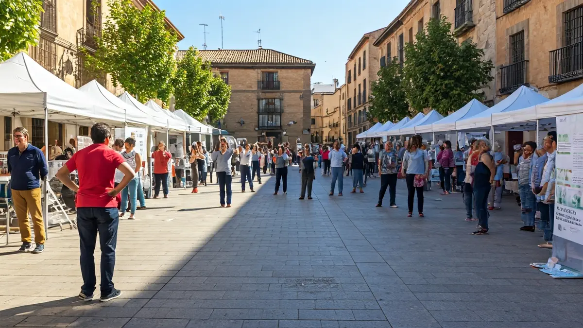Generic image of a community health fair in a town square, with activities and information booths.