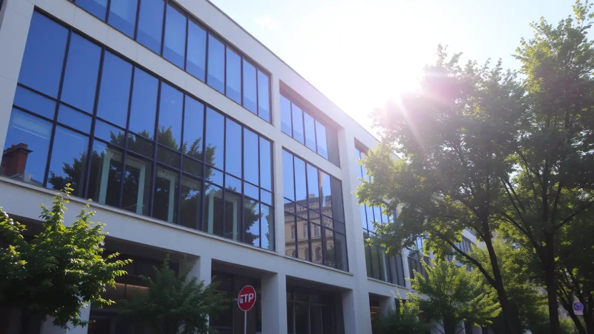 Facade of a modern municipal building with large windows.