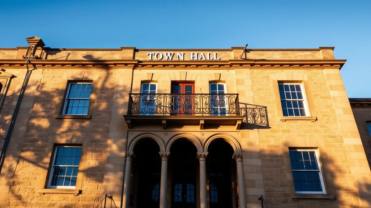 Fachada del ayuntamiento de Leganés bajo la luz del sol.