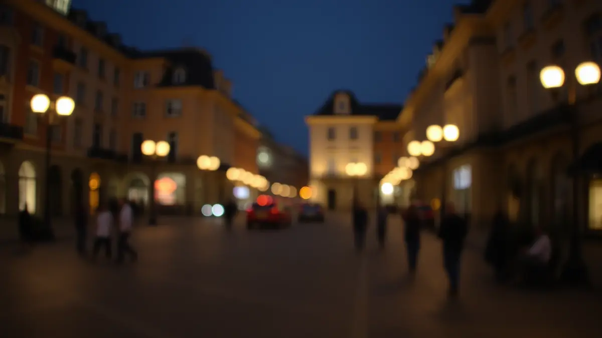 Generic image of an urban square at night, with diffused lights.