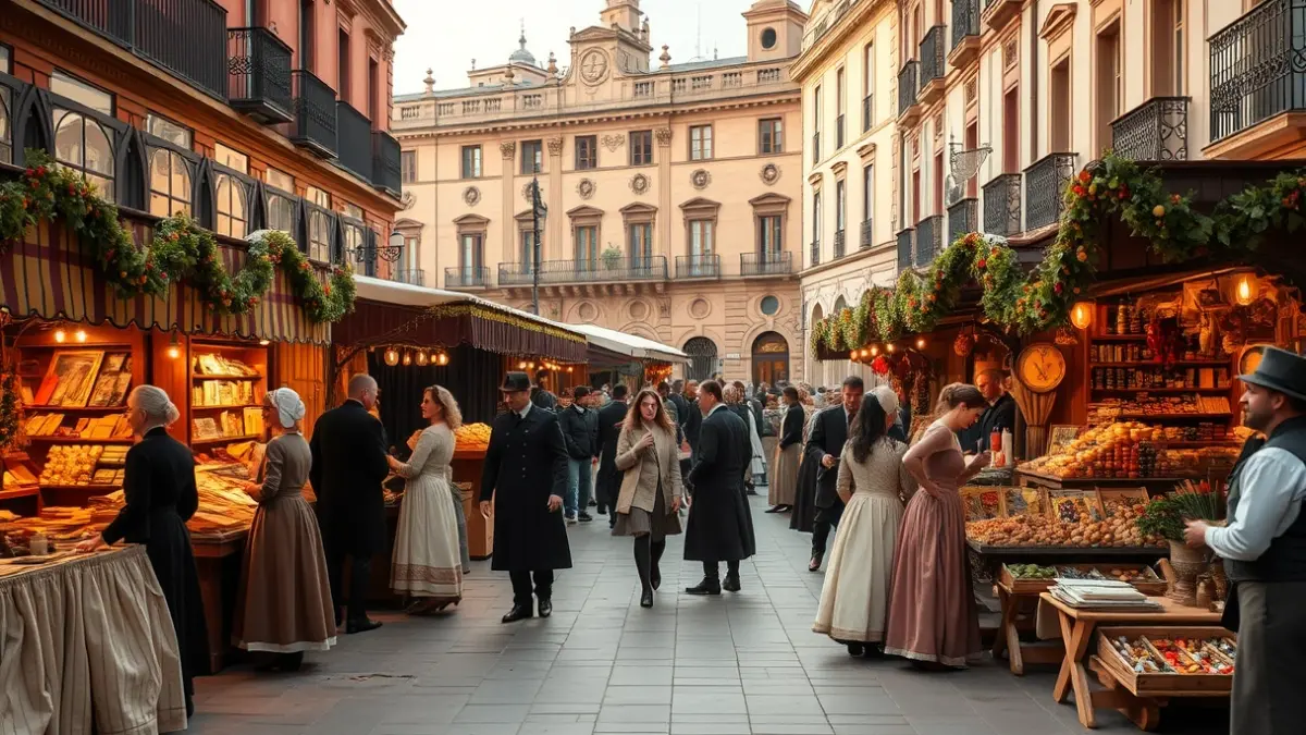 Image of a Goyaesque market with craft stalls and people in period costumes.