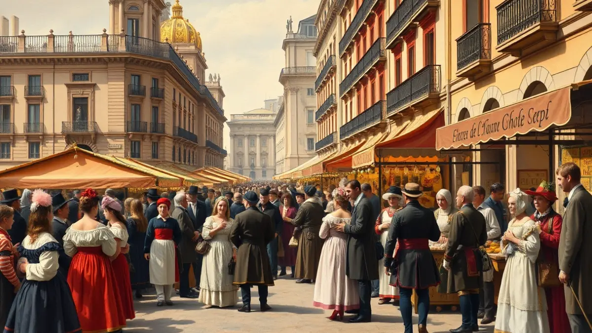 Imagen de una recreación histórica de un mercado del siglo XIX en una plaza de Madrid.