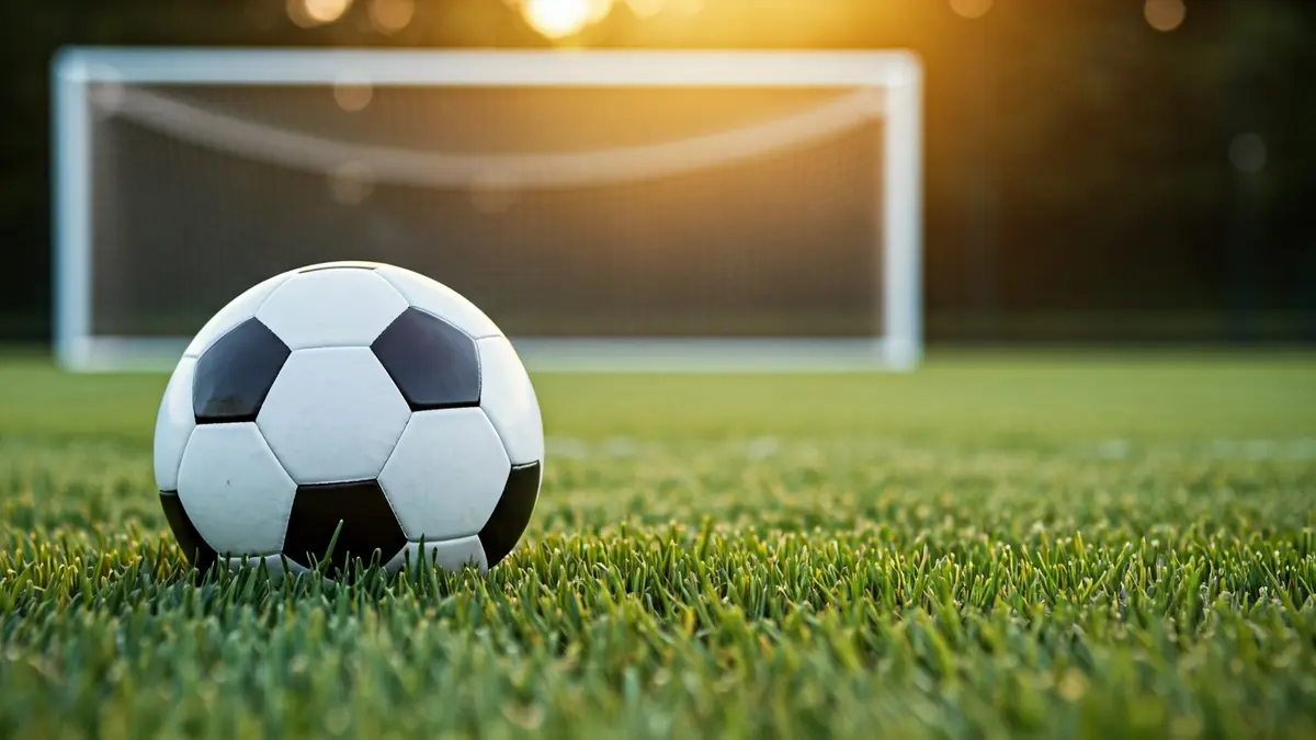 Imagen genérica de un balón de fútbol sobre césped, con una portería difuminada al fondo.