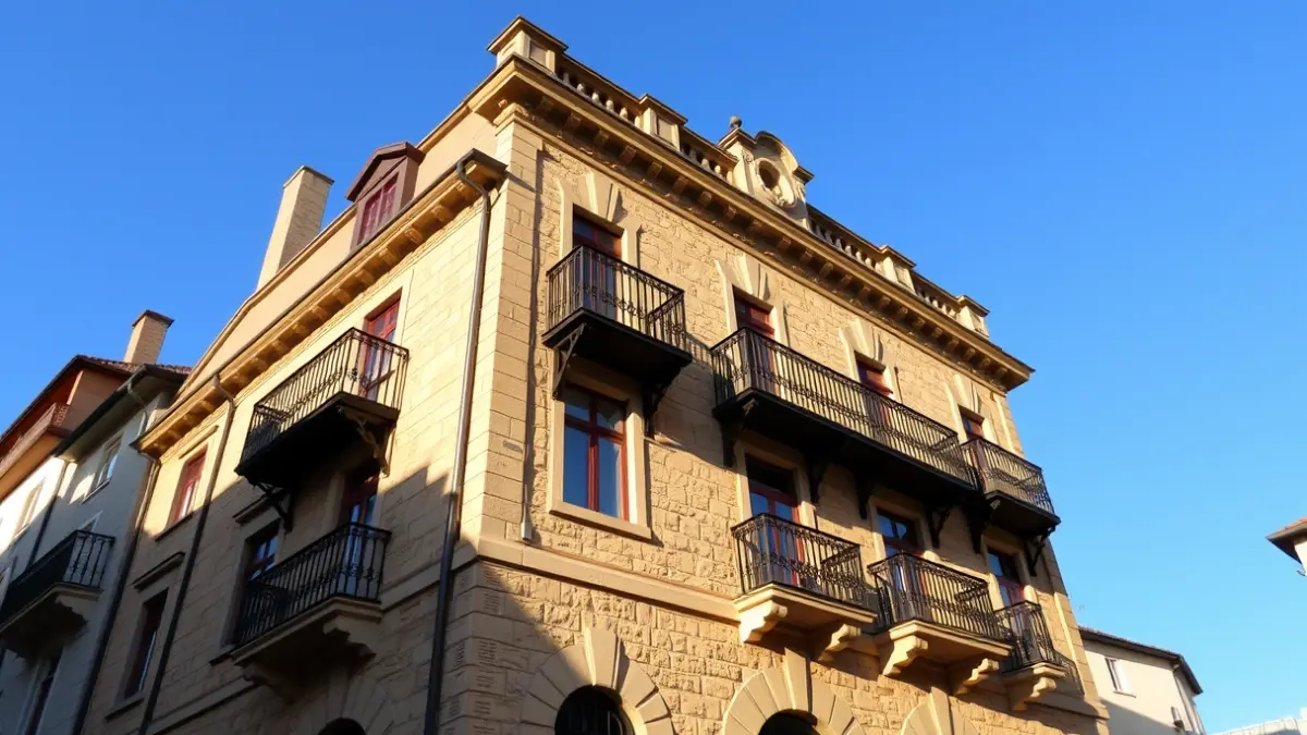 Fachada de un ayuntamiento europeo con balcones ornamentados bajo la luz del sol.