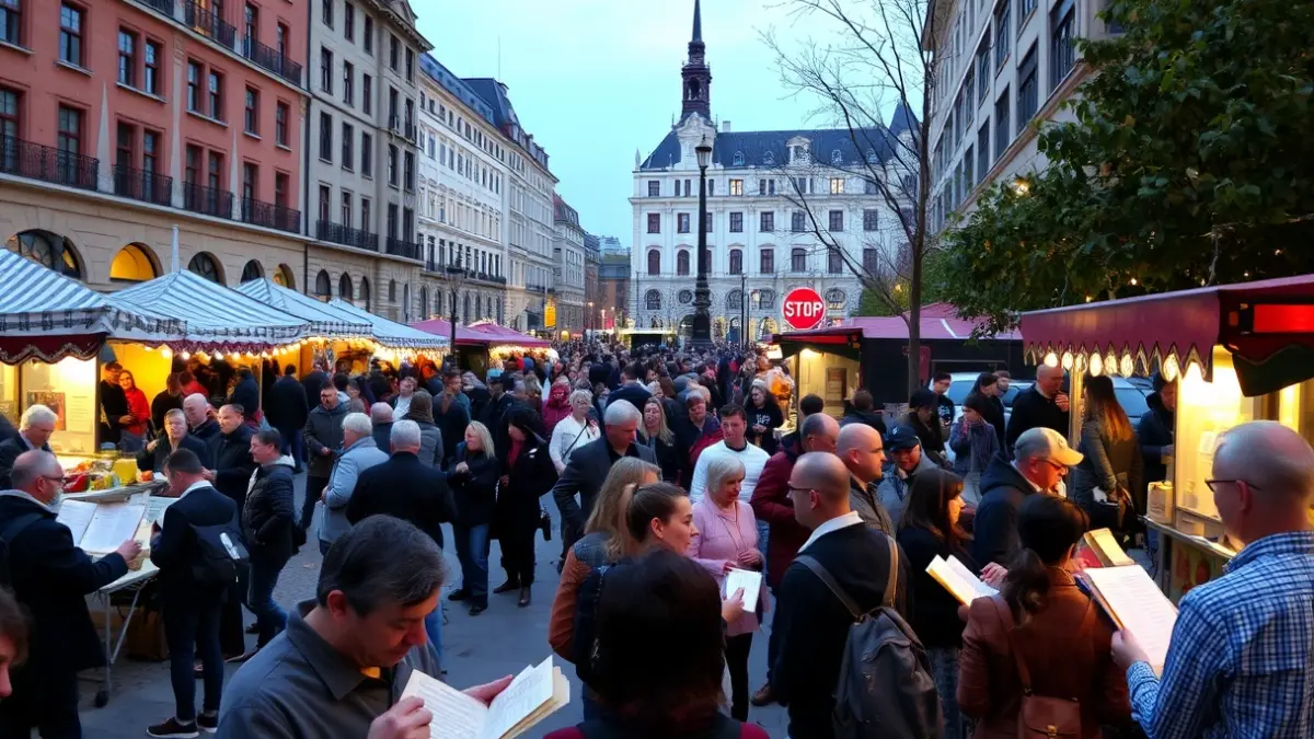 Image of an outdoor cultural event with reading, music, and activities.