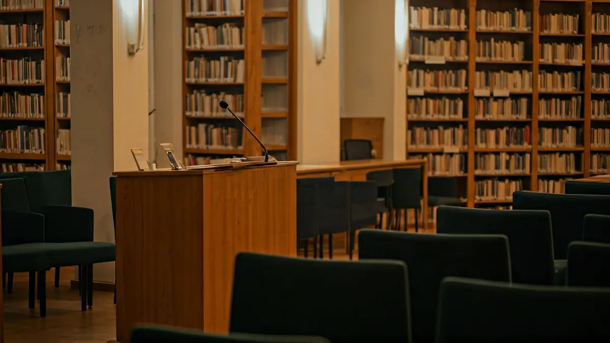 Generic image of a library with wooden bookshelves and a podium with a microphone, evoking a reading and literary presentation atmosphere.