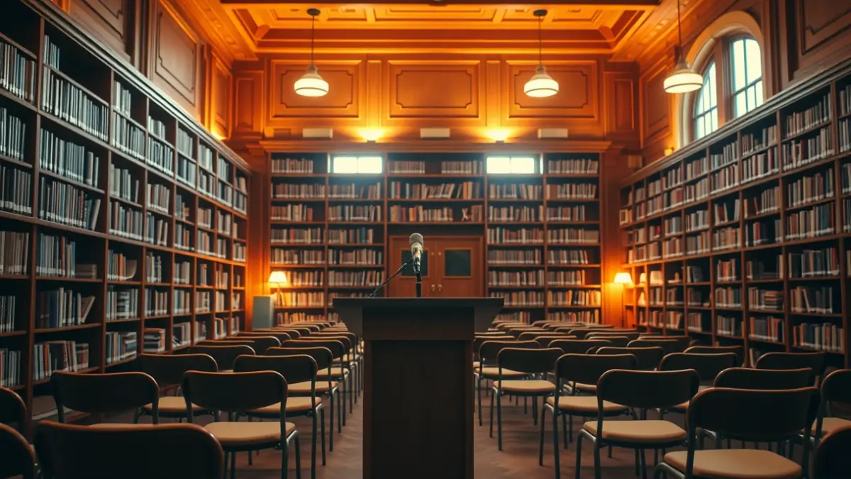 Generic image of a library interior with wooden bookshelves and a podium with a microphone, lit with warm light.