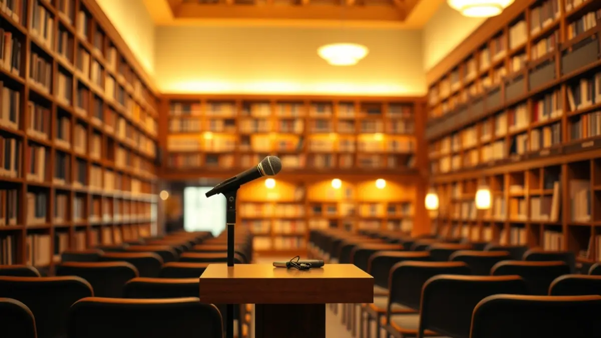 Generic image of a microphone on a podium inside a library, with bookshelves in the background.