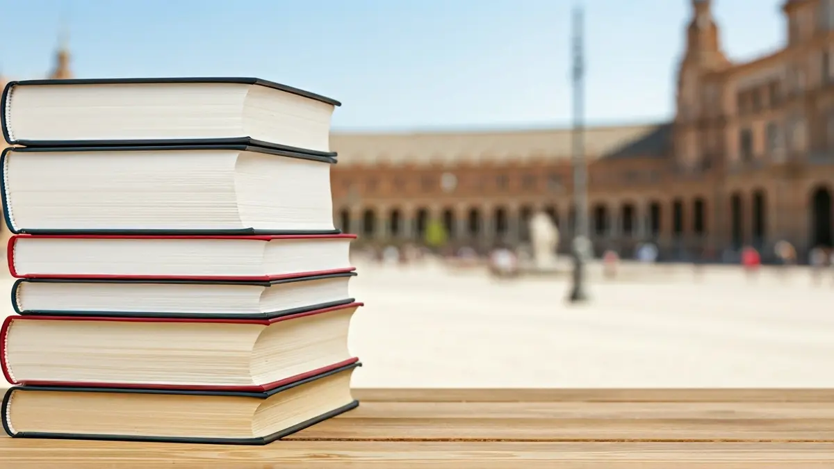 Image of books on a table with Plaza de España in the background.
