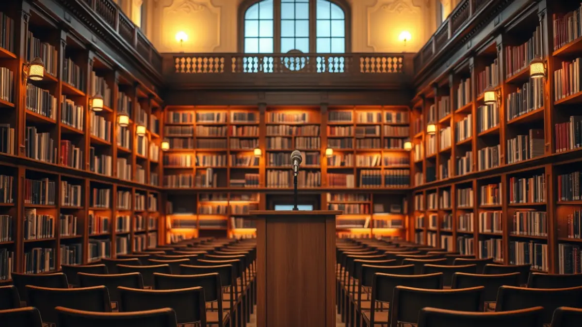 Generic image of a library with wooden bookshelves and a podium with a microphone, evoking a reading atmosphere.