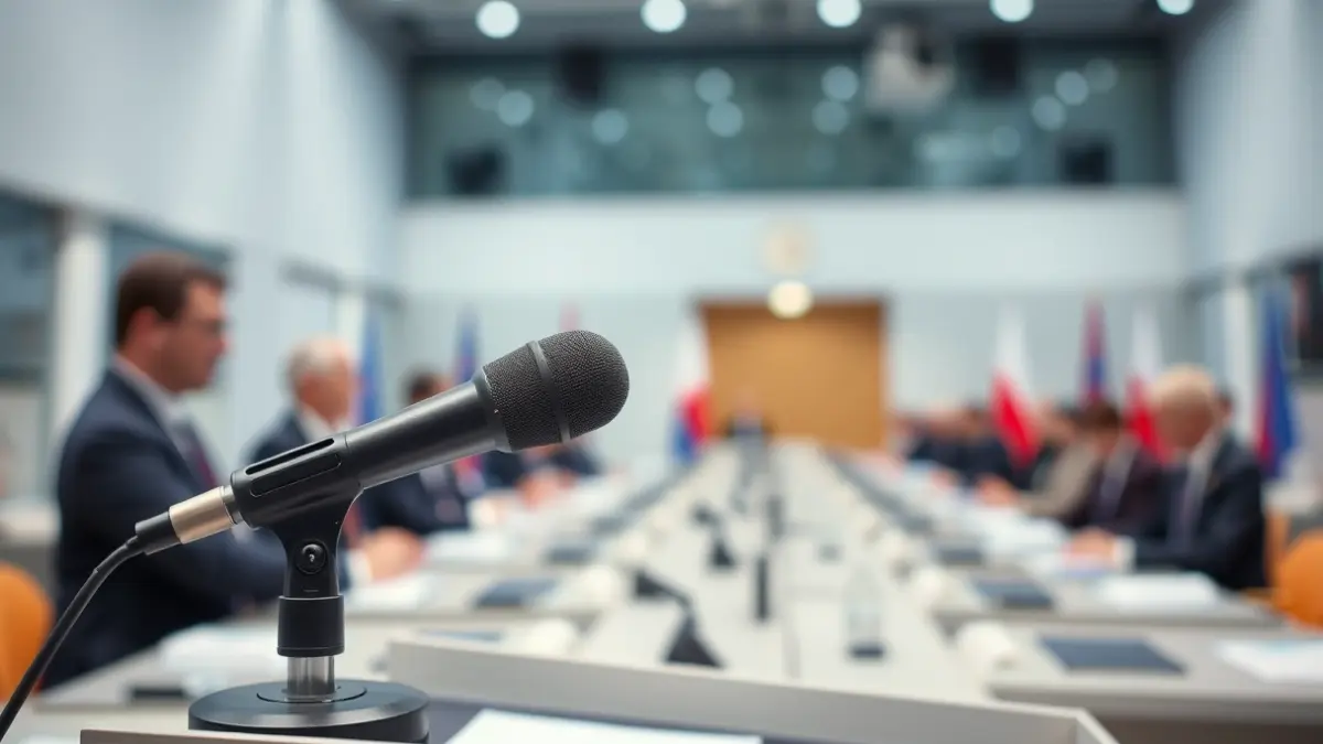 Generic image of a microphone on a podium during a political event.