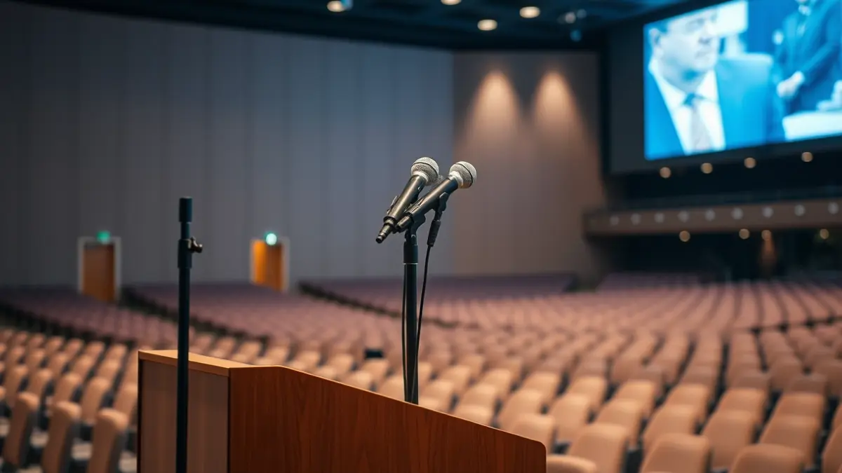 Generic image of a podium with microphones at a political event.