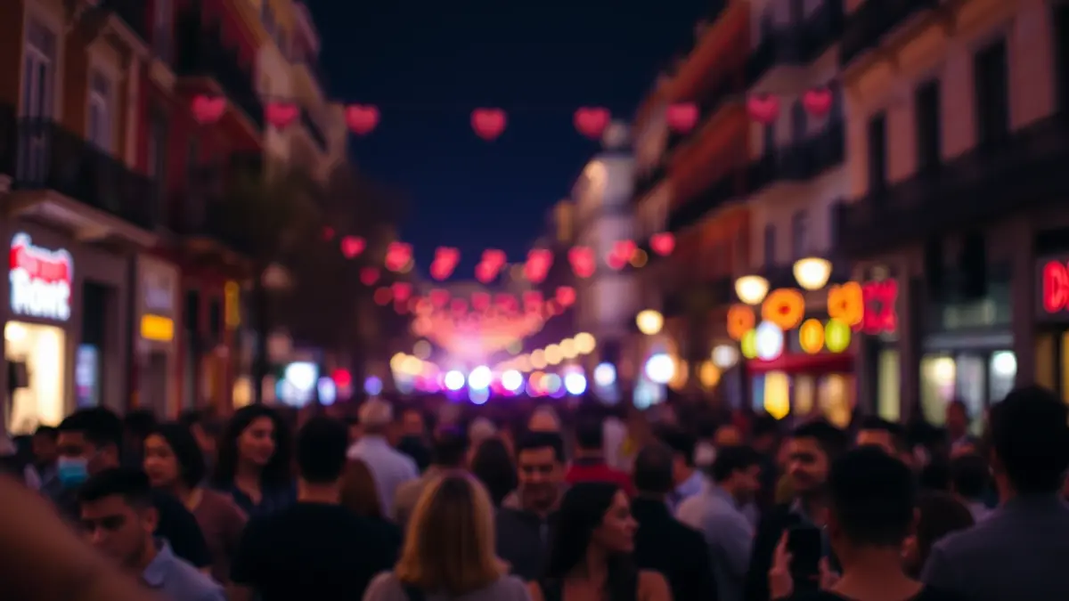 Generic image of a festive night atmosphere in Madrid, with blurred lights and crowds.