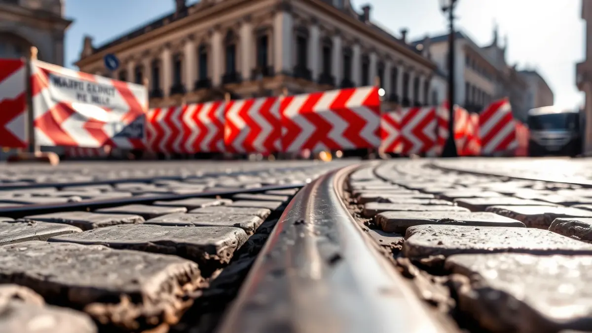 Remains of old tram tracks in a construction area in Madrid.