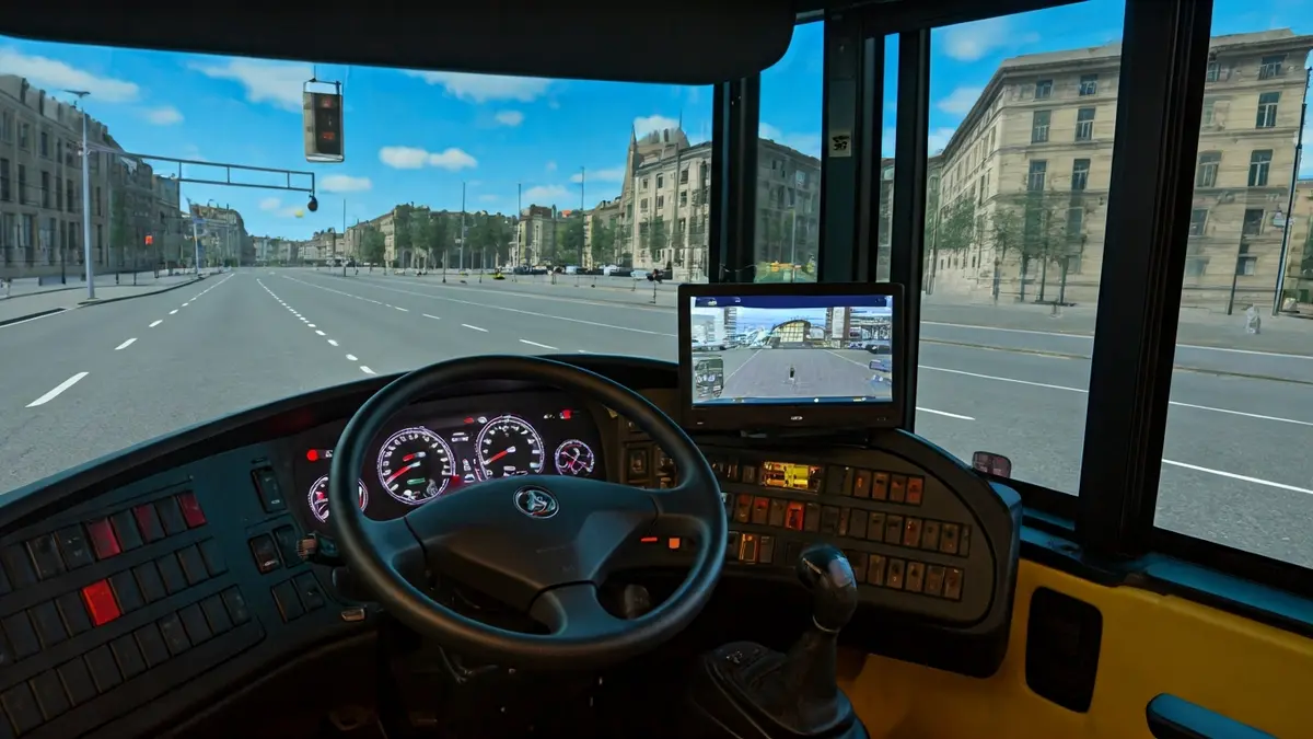 Generic image of a bus driving simulator, showing the driver's seat and a screen with a virtual city.