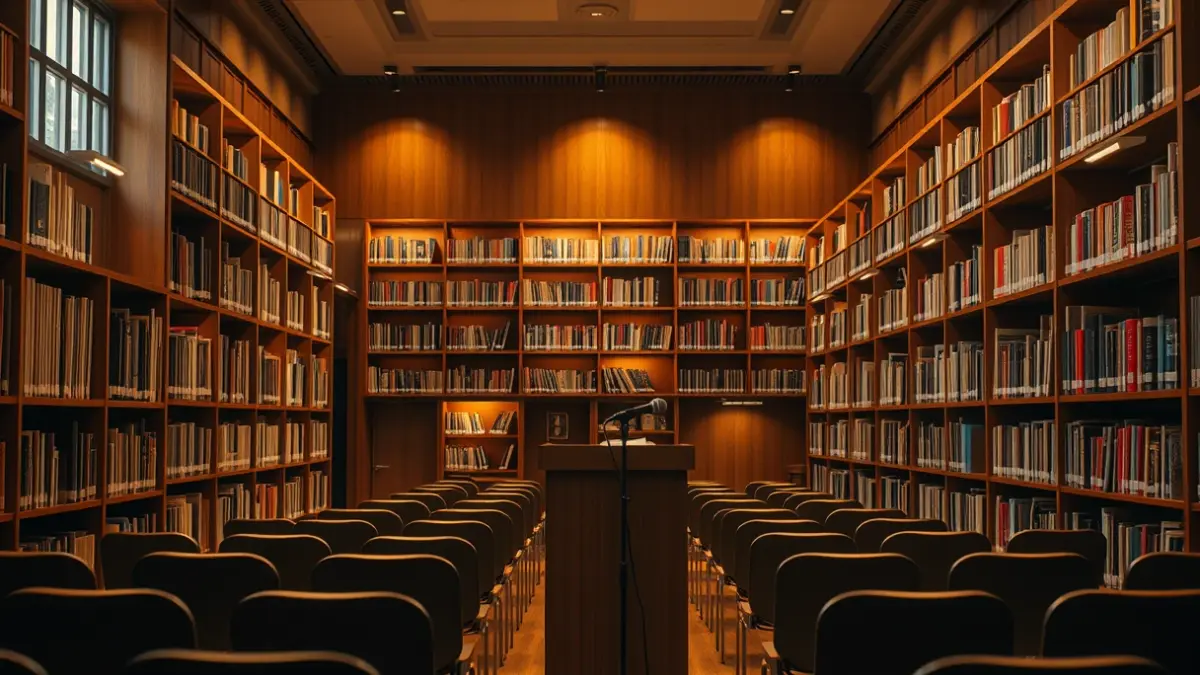 Imagen genérica de un interior de biblioteca con estanterías de madera y un podio con micrófono.