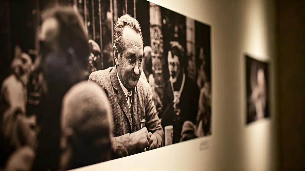 Fotografía en blanco y negro de Lucio Blázquez en un ambiente de taberna, con personas borrosas de fondo.