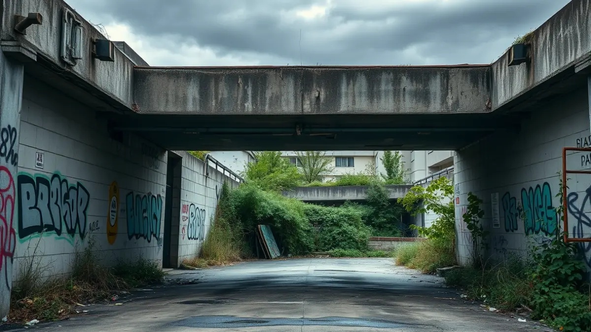 Image of a dilapidated underground parking garage entrance in an urban setting.