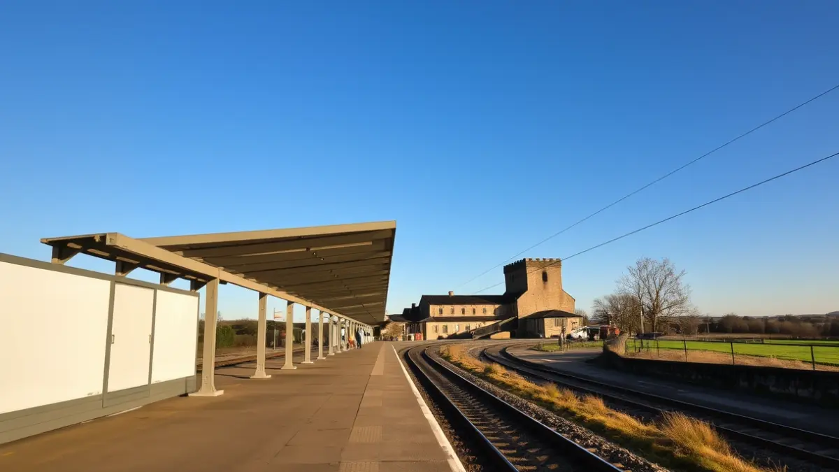 Imagen de la futura estación de Cercanías en Soto del Real, combinando elementos modernos y un edificio histórico.