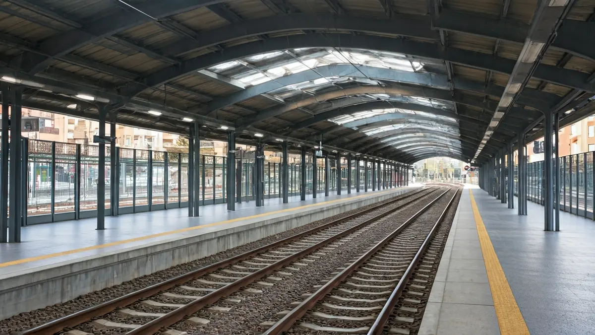 Generic image of a modern train station with covered platforms and tracks.