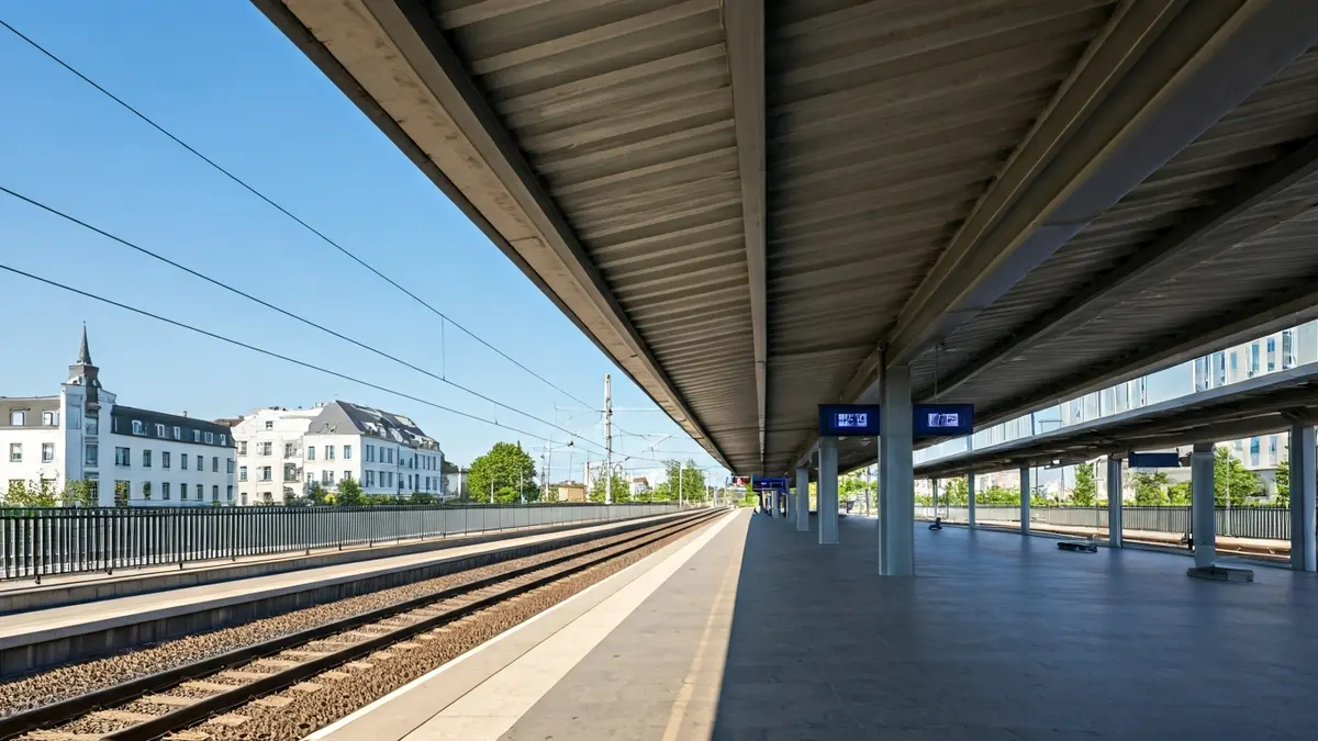 Image of a modern train station with a stepped roof and natural light.