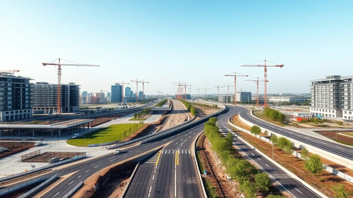 Image of an urban development with cranes and new infrastructure.