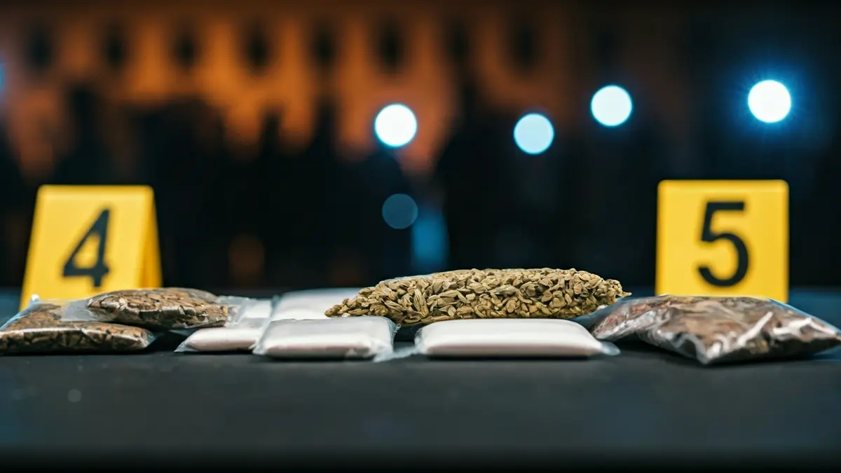 Seized drugs in a police operation, with packages of cannabis, heroin, and cocaine.