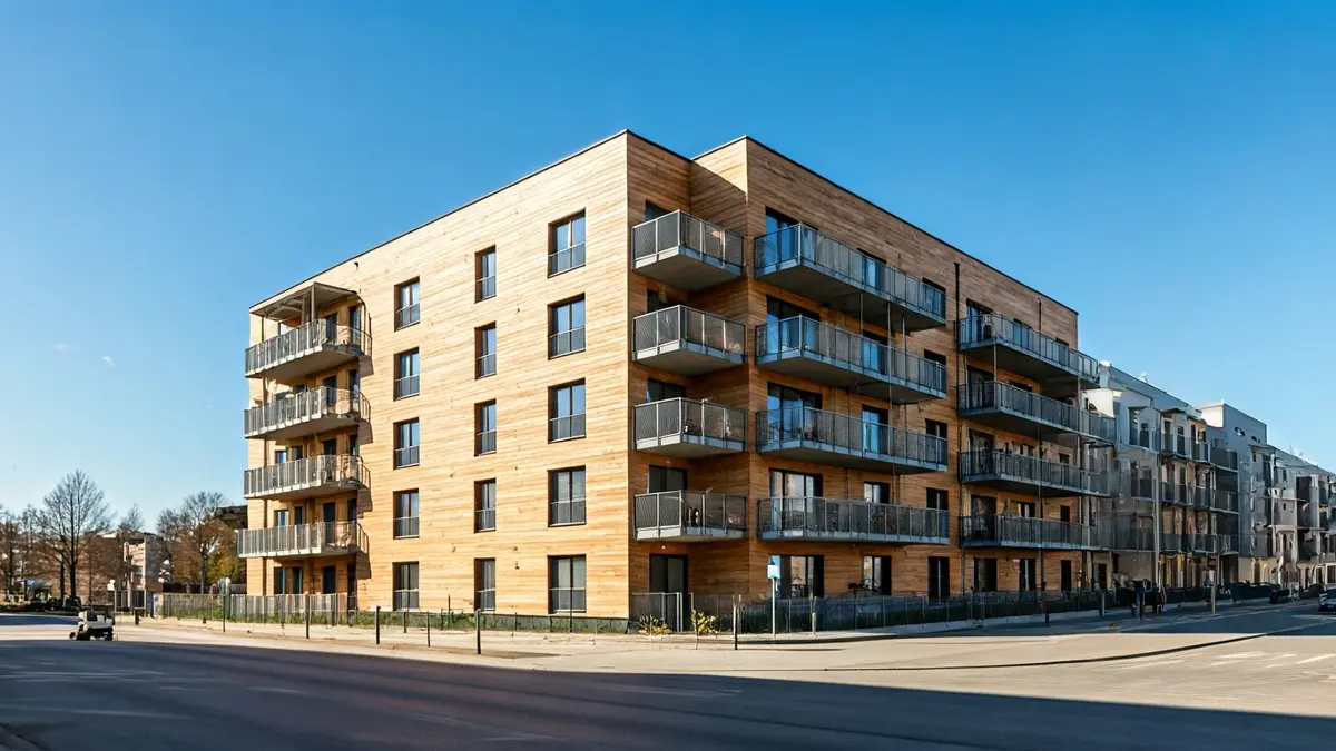Fachada de un edificio de viviendas moderno con elementos de madera.