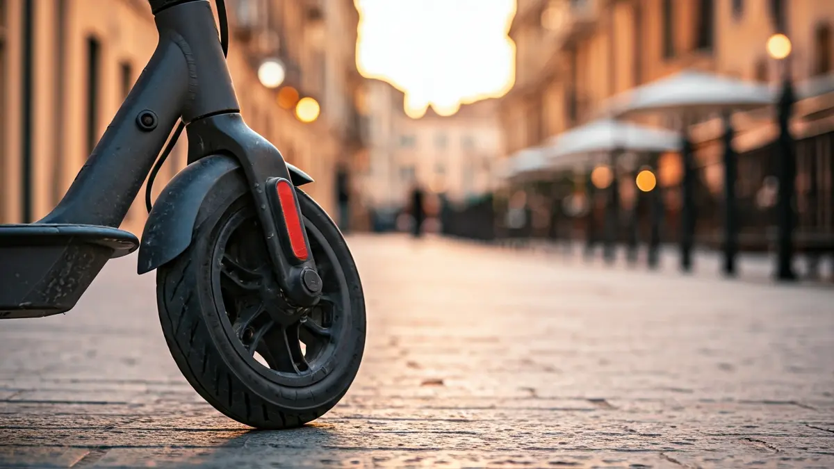 Generic image of an electric scooter wheel on a sidewalk.